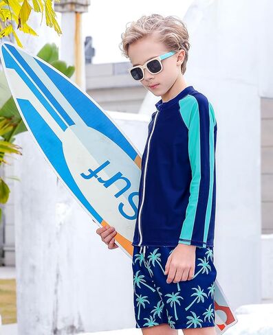 Boys Two Piece Swim Set Zipper Rash Guard Swimsuits Long Sleeve Bathing Suit for 4-12 Years in Saudi Arabia