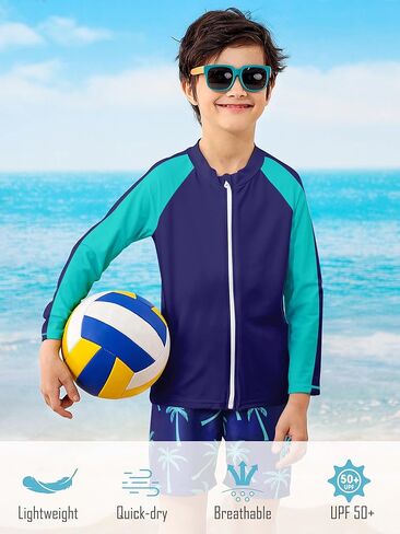 Boys Two Piece Swim Set Zipper Rash Guard Swimsuits Long Sleeve Bathing Suit for 4-12 Years in Saudi Arabia