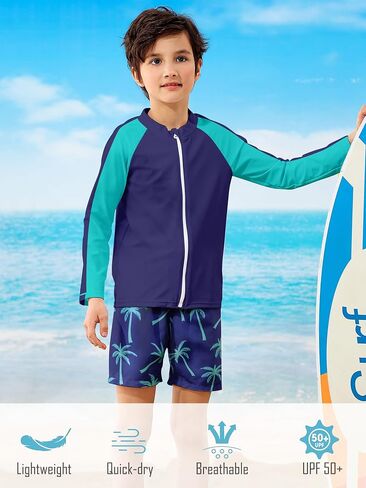 Boys Two Piece Swim Set Zipper Rash Guard Swimsuits Long Sleeve Bathing Suit for 4-12 Years in Saudi Arabia