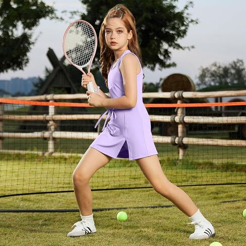 Girls Sleeveless Tennis Dress Tank Top Skorts Skirts High Waist Side Slit Outfit Athletic Sets with Shorts Pockets in Saudi Arabia