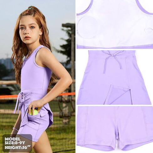 Girls Sleeveless Tennis Dress Tank Top Skorts Skirts High Waist Side Slit Outfit Athletic Sets with Shorts Pockets in Saudi Arabia