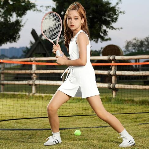 Girls Sleeveless Tennis Dress Tank Top Skorts Skirts High Waist Side Slit Outfit Athletic Sets with Shorts Pockets in Saudi Arabia
