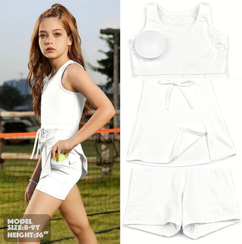 Girls Sleeveless Tennis Dress Tank Top Skorts Skirts High Waist Side Slit Outfit Athletic Sets with Shorts Pockets in Saudi Arabia