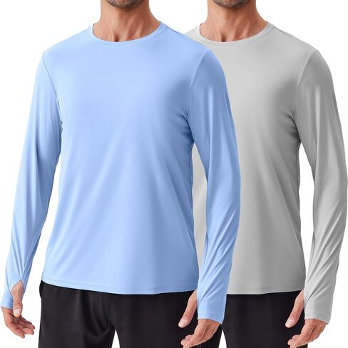 PINSPARK 2 Pack Men's Rash Guard Shirts with Thumb Holes Lightweight UPF 50+ Long Sleeve Sun Shirt Quick Dry Swimming Shirts in Kuwait