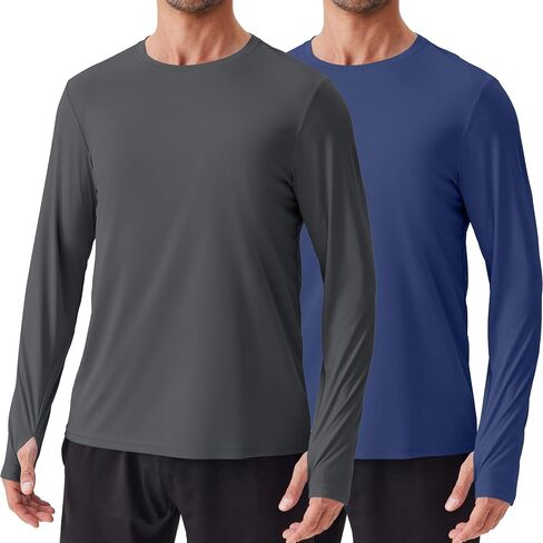 PINSPARK 2 Pack Men's Rash Guard Shirts with Thumb Holes Lightweight UPF 50+ Long Sleeve Sun Shirt Quick Dry Swimming Shirts in Kuwait