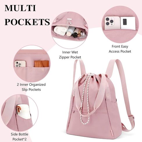 Drawstring Gym Backpack with Wet Pocket, Gym Bag for Women Men, Water Resistant Travel Tote Bags for Women, Drawstring Sports Bag for Beach Swim Travel Workout, Beige in Kuwait