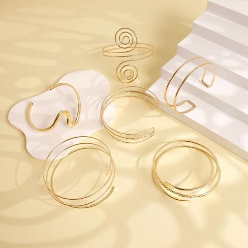 6Pcs Arm Cuff Gold Upper Arm Cuff Bracelet for Women Adjustable Open Cuff Bangle Minimalist Coil Swirl Armlet Armband Jewelry Set in Kuwait