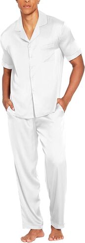 Ekouaer Men Satin Silk Pajamas Set 2 Piece Button Down Sleepwear Long Pants Loungewear with Pockets in Kuwait