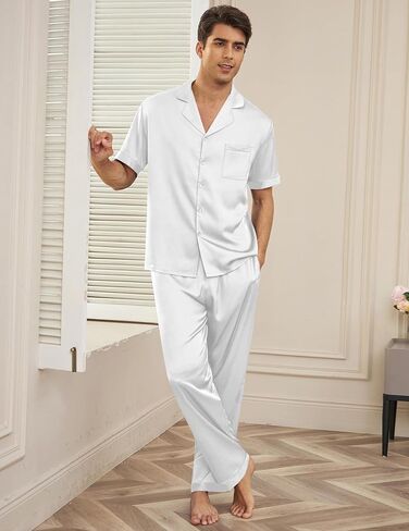Ekouaer Men Satin Silk Pajamas Set 2 Piece Button Down Sleepwear Long Pants Loungewear with Pockets in Kuwait