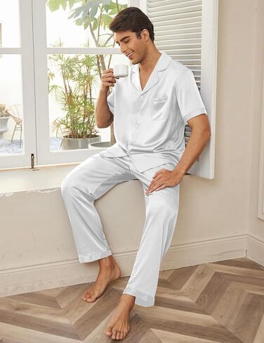 Ekouaer Men Satin Silk Pajamas Set 2 Piece Button Down Sleepwear Long Pants Loungewear with Pockets in Kuwait