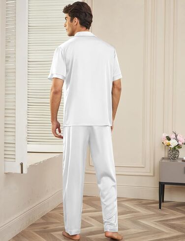 Ekouaer Men Satin Silk Pajamas Set 2 Piece Button Down Sleepwear Long Pants Loungewear with Pockets in Kuwait