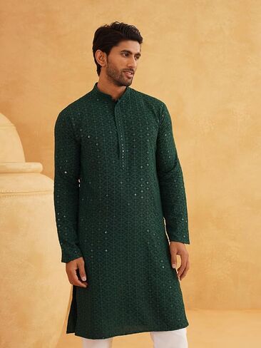 Sojanya (Since 1958 Men'S Sequinned Embroidered Cotton Kurta And White Pyjama Set in Saudi Arabia