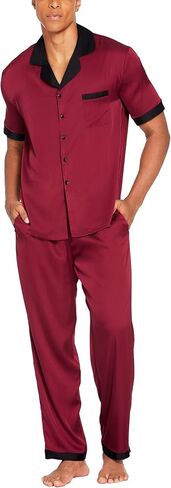 Ekouaer Men Satin Silk Pajamas Set 2 Piece Button Down Sleepwear Long Pants Loungewear with Pockets in Kuwait