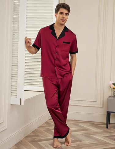 Ekouaer Men Satin Silk Pajamas Set 2 Piece Button Down Sleepwear Long Pants Loungewear with Pockets in Kuwait