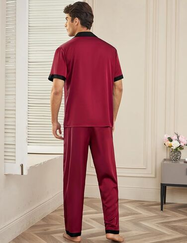 Ekouaer Men Satin Silk Pajamas Set 2 Piece Button Down Sleepwear Long Pants Loungewear with Pockets in Kuwait