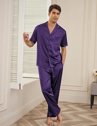 Ekouaer Men Satin Silk Pajamas Set 2 Piece Button Down Sleepwear Long Pants Loungewear with Pockets in Saudi Arabia