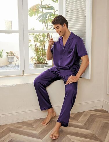 Ekouaer Men Satin Silk Pajamas Set 2 Piece Button Down Sleepwear Long Pants Loungewear with Pockets in Saudi Arabia
