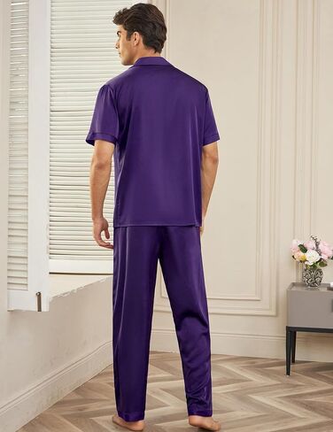 Ekouaer Men Satin Silk Pajamas Set 2 Piece Button Down Sleepwear Long Pants Loungewear with Pockets in Saudi Arabia