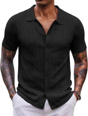 COOFANDY Mens Knit Short Sleeve Shirts Button Down Vintage Polo Shirt Casual Vacation Beach Shirts in Saudi Arabia