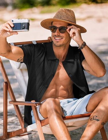 COOFANDY Mens Knit Short Sleeve Shirts Button Down Vintage Polo Shirt Casual Vacation Beach Shirts in Saudi Arabia