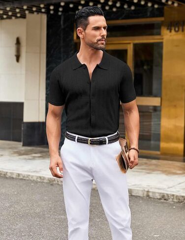 COOFANDY Mens Knit Short Sleeve Shirts Button Down Vintage Polo Shirt Casual Vacation Beach Shirts in Saudi Arabia