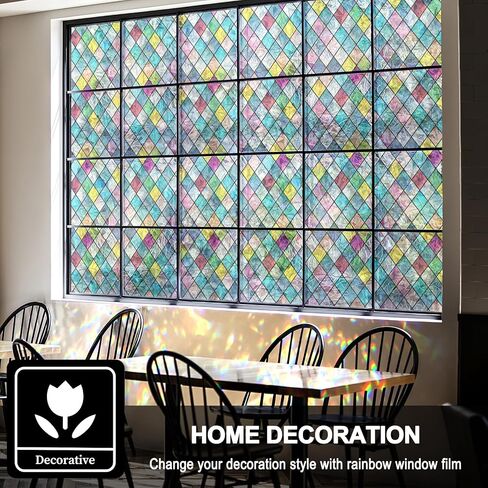 FEOMOS Stained Glass Window Film, Window Privacy Films, Colorful Lattice Window Tint, Rainbow Glass Decals Stickers for Home Anti UV 17.3 x 78.7 inches in Kuwait