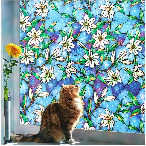 Coavas Decorative Window Privacy Film, Heat Control Sun Blocking Stained Glass Window Film, Floral Design Static Cling, Non Adhesive Windows Tint for Bathroom Front Door(Vinyl, 17.5" x 78.7 ") in Kuwait