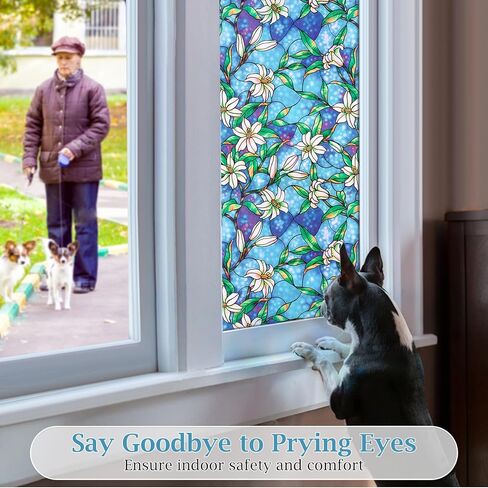 Coavas Decorative Window Privacy Film, Heat Control Sun Blocking Stained Glass Window Film, Floral Design Static Cling, Non Adhesive Windows Tint for Bathroom Front Door(Vinyl, 17.5" x 78.7 ") in Kuwait