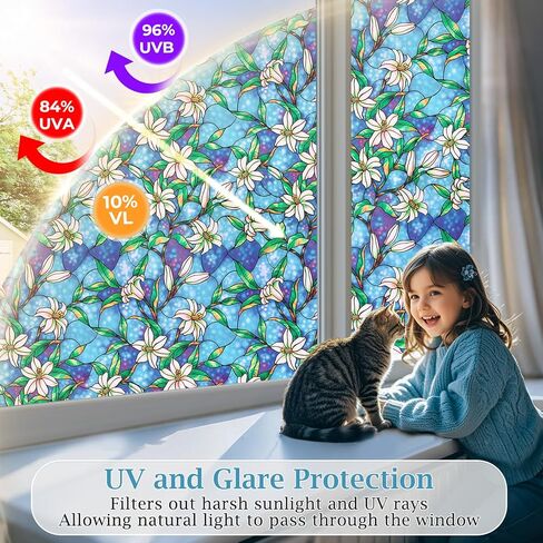 Coavas Decorative Window Privacy Film, Heat Control Sun Blocking Stained Glass Window Film, Floral Design Static Cling, Non Adhesive Windows Tint for Bathroom Front Door(Vinyl, 17.5" x 78.7 ") in Kuwait
