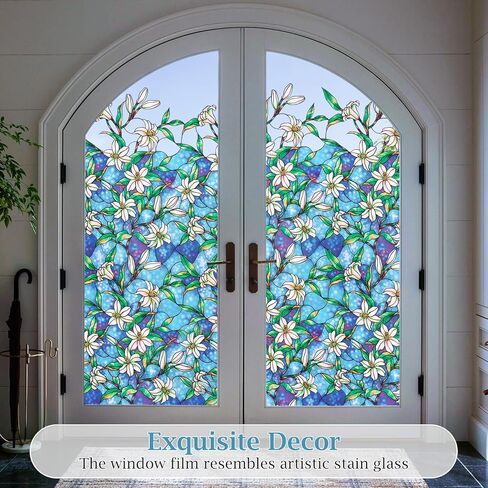 Coavas Decorative Window Privacy Film, Heat Control Sun Blocking Stained Glass Window Film, Floral Design Static Cling, Non Adhesive Windows Tint for Bathroom Front Door(Vinyl, 17.5" x 78.7 ") in Kuwait