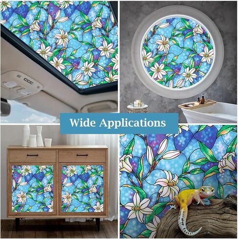 Coavas Decorative Window Privacy Film, Heat Control Sun Blocking Stained Glass Window Film, Floral Design Static Cling, Non Adhesive Windows Tint for Bathroom Front Door(Vinyl, 17.5" x 78.7 ") in Kuwait