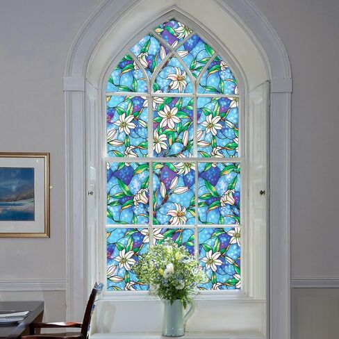 Coavas Decorative Window Privacy Film, Heat Control Sun Blocking Stained Glass Window Film, Floral Design Static Cling, Non Adhesive Windows Tint for Bathroom Front Door(Vinyl, 17.5" x 78.7 ") in Kuwait