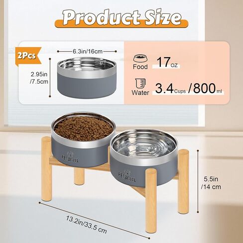 UPSKY Elevated Dog Bowls, Stainless Steel Anti-Spill Pet Bowl Set with Wooden Stand, Double Raised Food and Water Bowls for Small & Medium Dogs and Cats in Kuwait