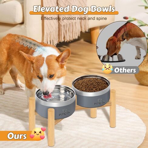 UPSKY Elevated Dog Bowls, Stainless Steel Anti-Spill Pet Bowl Set with Wooden Stand, Double Raised Food and Water Bowls for Small & Medium Dogs and Cats in Kuwait
