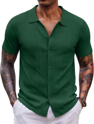 COOFANDY Mens Knit Short Sleeve Shirts Button Down Vintage Polo Shirt Casual Vacation Beach Shirts in Saudi Arabia