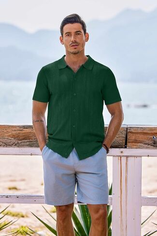 COOFANDY Mens Knit Short Sleeve Shirts Button Down Vintage Polo Shirt Casual Vacation Beach Shirts in Saudi Arabia
