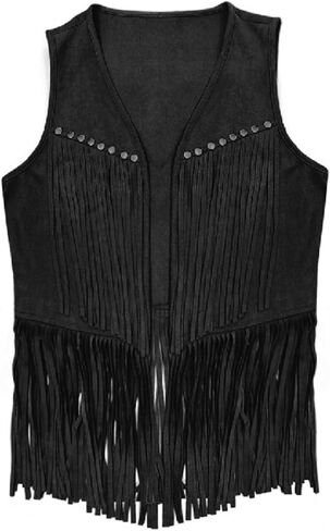 Women Vintage Western Fringe Vest Cowboy Cowgirl Clothes 70s Hippie Vest Tassel Country Concert Fringe Tops Shirts in Saudi Arabia