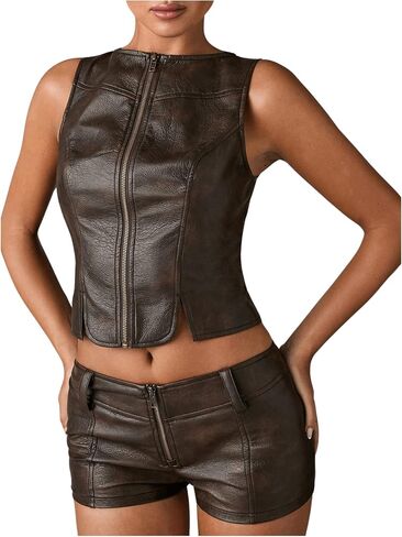 Shenhe Women's Pu Leather up up crop Vest Stat Top Olcyveless Crew Neck Stup Sup in Kuwait