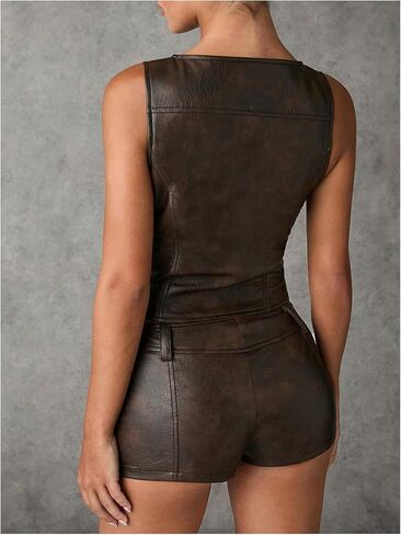 Shenhe Women's Pu Leather up up crop Vest Stat Top Olcyveless Crew Neck Stup Sup in Kuwait