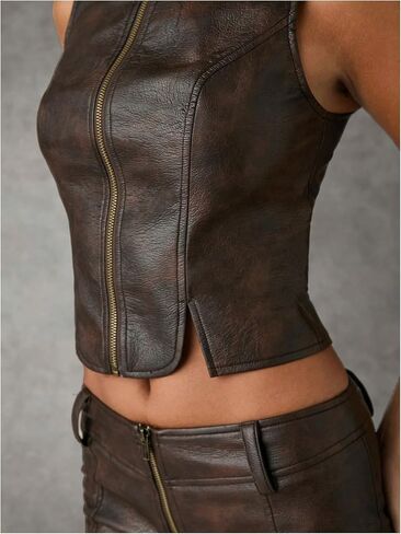 Shenhe Women's Pu Leather up up crop Vest Stat Top Olcyveless Crew Neck Stup Sup in Kuwait