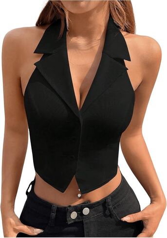 SOLY HUX Women's Halter V Neck Vest Button Down Backless Crop Tank Tops Sleeveless Blazer Waistcoat in Saudi Arabia