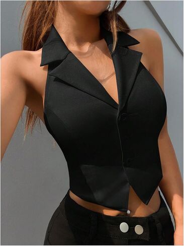 SOLY HUX Women's Halter V Neck Vest Button Down Backless Crop Tank Tops Sleeveless Blazer Waistcoat in Saudi Arabia