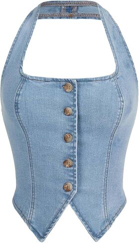 SHENHE Women's Denim Tops Y2K Halter Button Up Strapless Jean Vest Western Going Out Crop Top in Kuwait