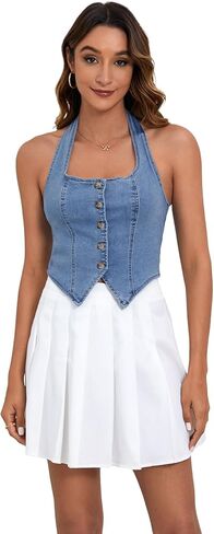 SHENHE Women's Denim Tops Y2K Halter Button Up Strapless Jean Vest Western Going Out Crop Top in Kuwait