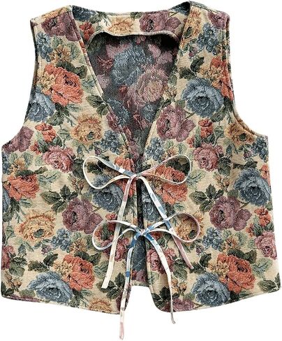 Verdusa Women's Vintage Floral Print Bow Tie Cowgirl Vest V Neck Sleeveless Jacket Outerwear in Kuwait