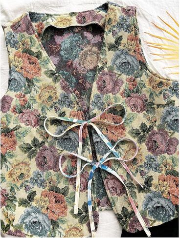 Verdusa Women's Vintage Floral Print Bow Tie Cowgirl Vest V Neck Sleeveless Jacket Outerwear in Kuwait