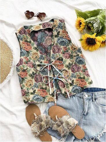 Verdusa Women's Vintage Floral Print Bow Tie Cowgirl Vest V Neck Sleeveless Jacket Outerwear in Kuwait