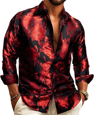 Barry.Wang Men's Silk Shirts Button Down Dress Shirt for Men Satin Paisley Floral Long Sleeve Cowboy Casual Mexico Shirts in Kuwait