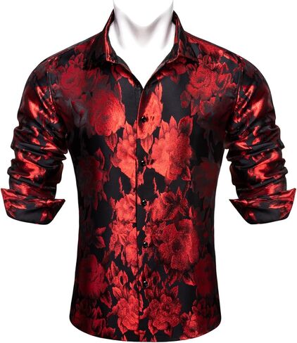 Barry.Wang Men's Silk Shirts Button Down Dress Shirt for Men Satin Paisley Floral Long Sleeve Cowboy Casual Mexico Shirts in Kuwait