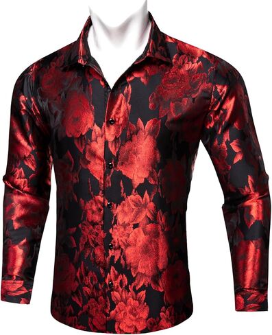 Barry.Wang Men's Silk Shirts Button Down Dress Shirt for Men Satin Paisley Floral Long Sleeve Cowboy Casual Mexico Shirts in Kuwait